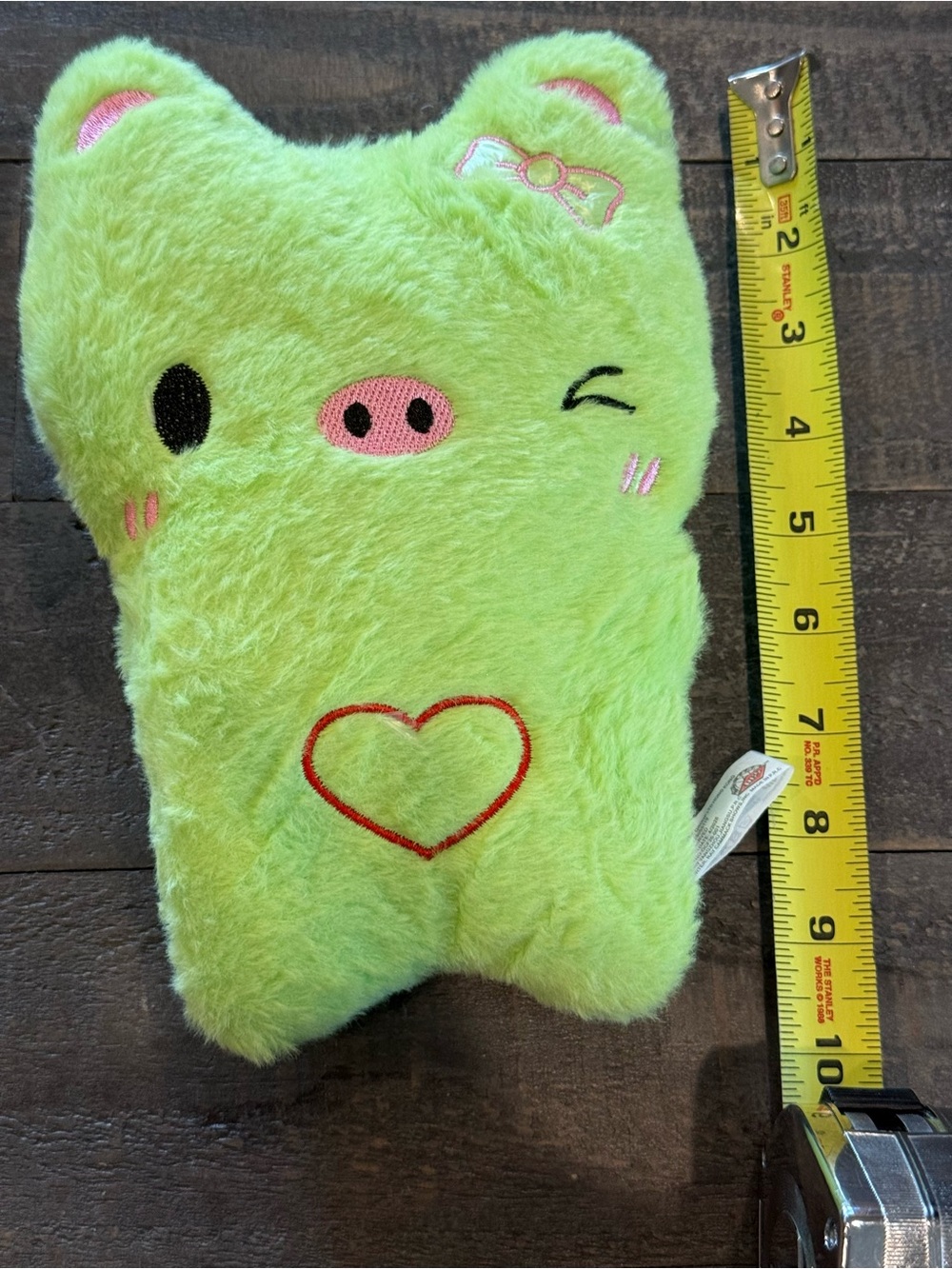 Plush Green Winking Pig Plush with Heart Detail